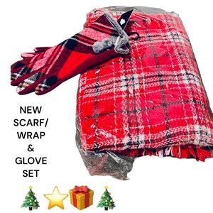 NWT PLAID POM POM GLOVES & OVERSIZED RED PLAID WRAP/SCARF, PERFECT FOR 🎄🎁